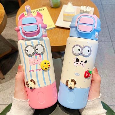 Cute Animal Thermos Water Bottle For Girl Kids School Portable Double Drink Straw Insulation Cup Stainless Steel Sport Water Cup