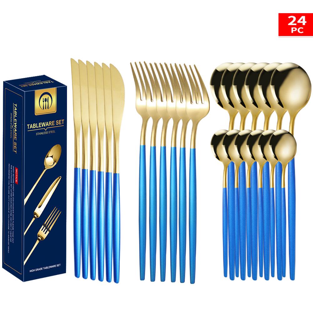 Set tacâmuri din oțel inoxidabil Portugal Gold, 24 de piese: Cuțit de Steak, Furculiță, Lingură de Hotel în Cutie Cadou