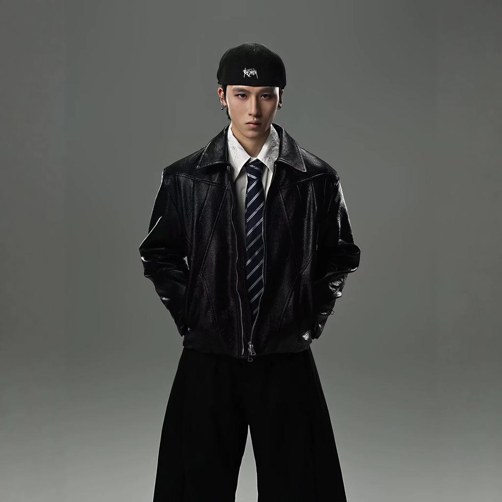 American retro design premium short shoulder leather jacket men's spring and autumn sense locomotive ruffian handsome cleanfit jacket