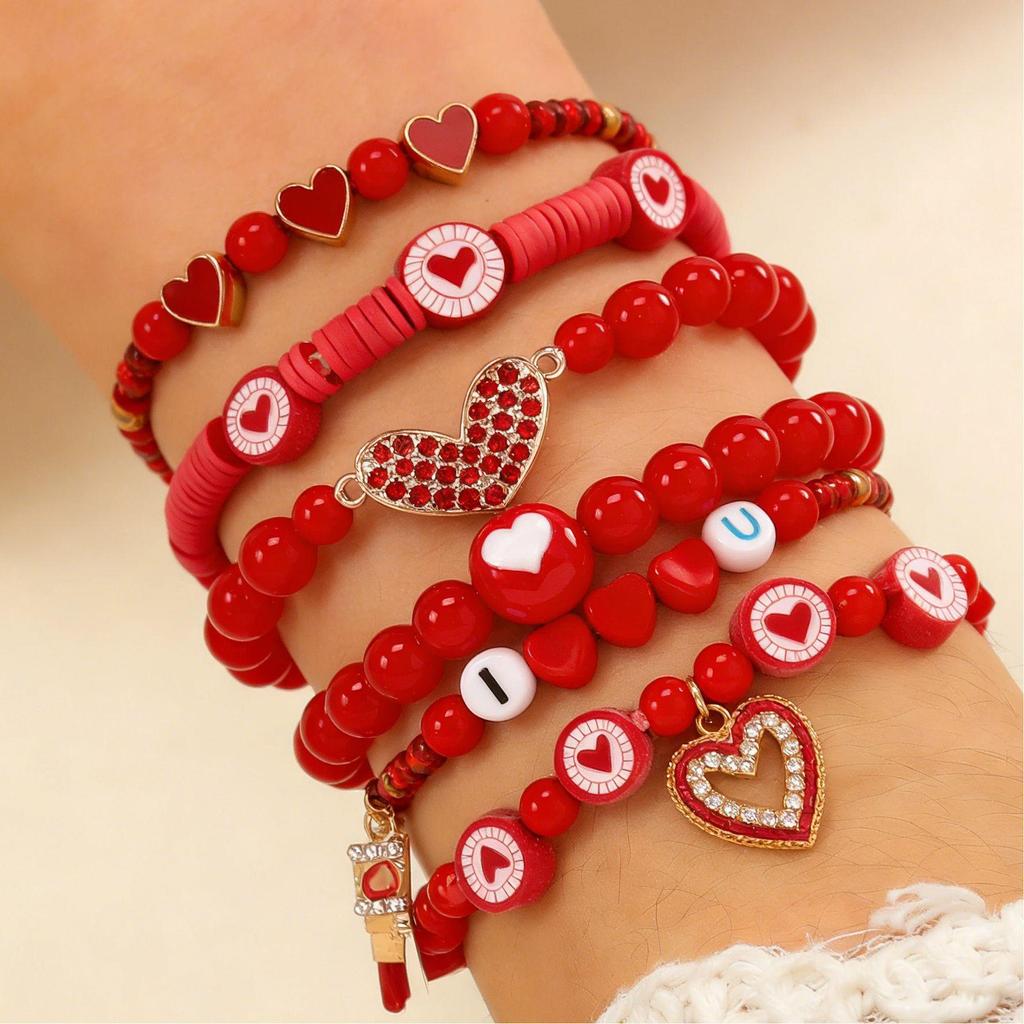Valentine's Day Heart Beaded Bracelet Set: Women's Fashion Jewelry with Polymer Clay, Peach Heart, and Red Tones Elastic Design