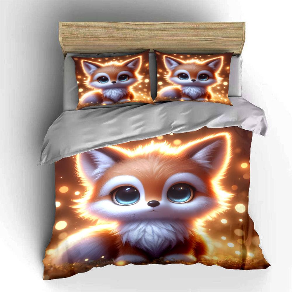 Cute Little Fox With Dreamy Lights Duvet Cover Set With 3D Printing Design Soft Polyester Bedding Set All-Season Comfort