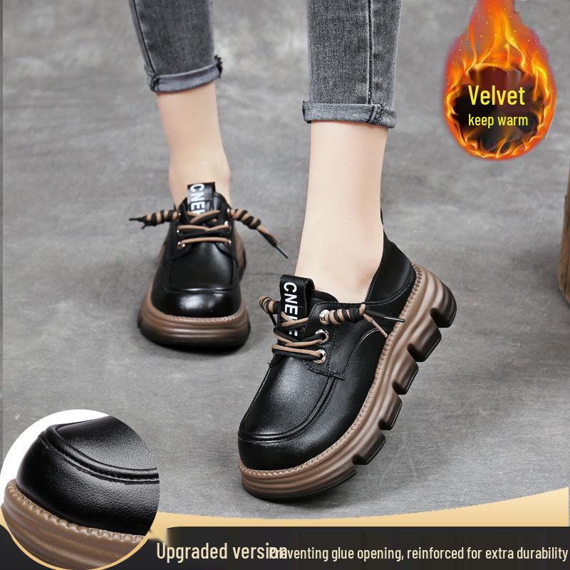 Women's Genuine Soft Leather Loafers, British Style 2025 - Spring/Autumn, Thick Sole, Lace-up, Versatile, Comfortable Shoes