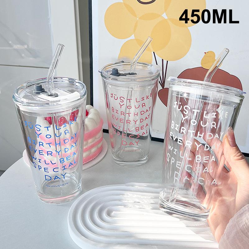 Kreativer Buchstaben-Wasserbecher mit Strohhalm und Deckel Wasserbecher Glasbecher Tragbarer Sportbecher Strohhalm Wasserbecher Geschenk Frühstücksbecher Milchbecher