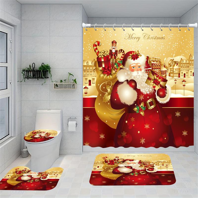 Christmas Series Shower Curtain Digital Printing Bathroom Shower Curtain Four-Piece Polyester Shower Curtain