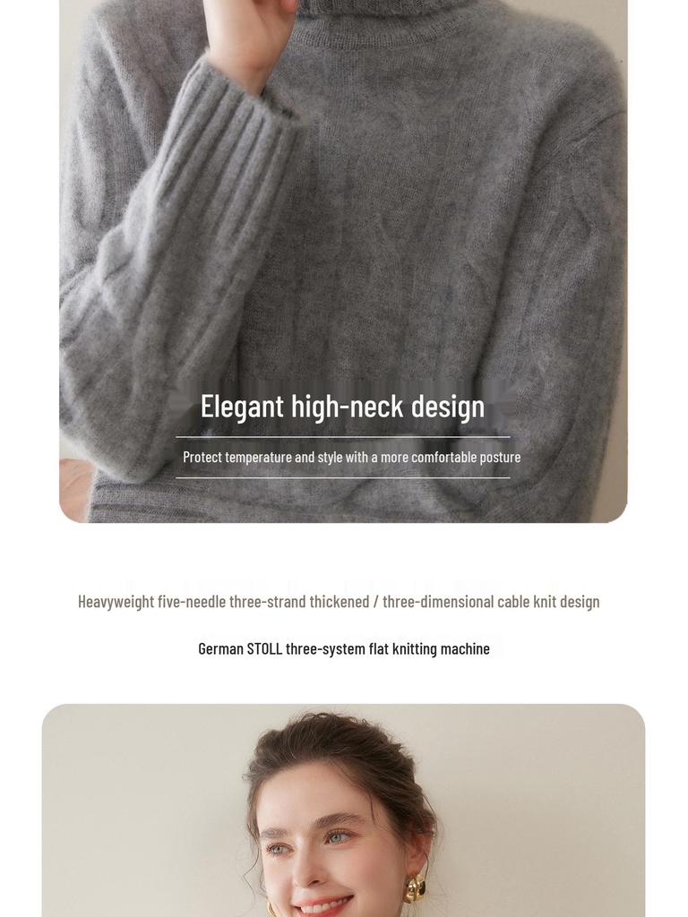 Three-Strand Thickened Women's Cashmere High Neck Cable Knit Sweater