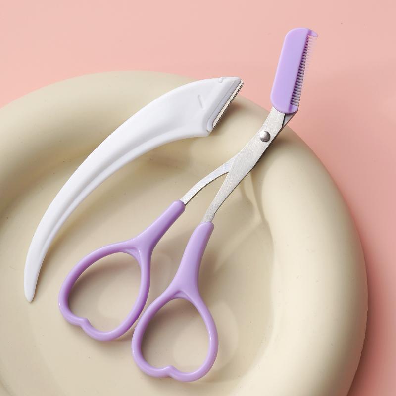 Lovely Heart Precision Eyebrow Trimming Scissors with Integrated Comb, Manual Grooming Tool, Durable Plastic Handle Eyebrow Razo