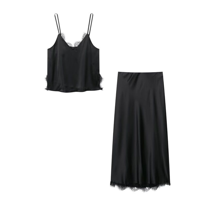 Kaslead New Women clothes Western Style Lace Silk Satin Texture Top Skirt 8351049 2157074