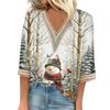 Women's Loose Casual Three-quarter Sleeve V-neck Lace Loose Christmas Print T-shirt Top