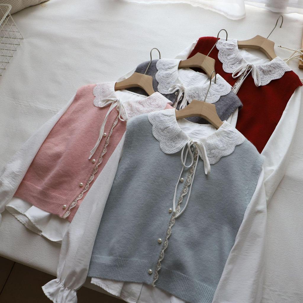Bi Zheng 2025 Spring Korean Peter Pan Collar Lace Shirt & Knitted Vest 2-Piece Set for Women