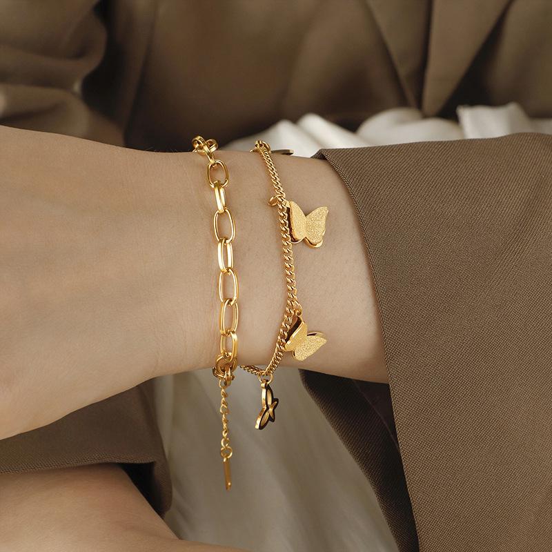 Titanium Steel Butterfly Double-Layer Bracelet: Non-Fading, Versatile Hip Hop Fashion Jewelry for Women