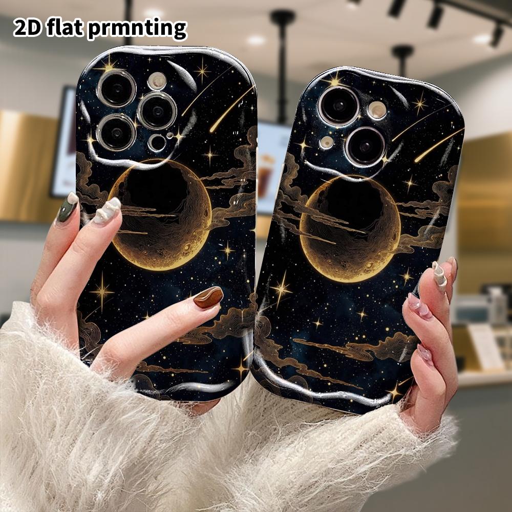 Phone Case: 2D Flat, Fits iPhone 12 Pro To 18, Phone Decoration, Black and Gold Line Art of a Moonlit Night, Perfect for Christmas and Halloween Holid