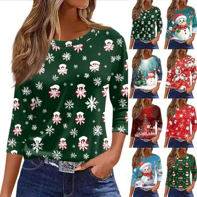 Tops de Mujer Camisa Manga Siete Cuello Redondo Holgada Navidad Muñeco de Nieve Árbol de Navidad Estampada Camiseta