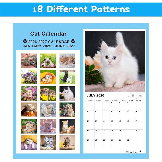2026-2027 Calendar - 18 Monthly 2026-2027 Wall Calendar, Jan. 2026 - Jun. 2027, Cat Calendar with Unruled Blocks, Wall Calendar for Office School