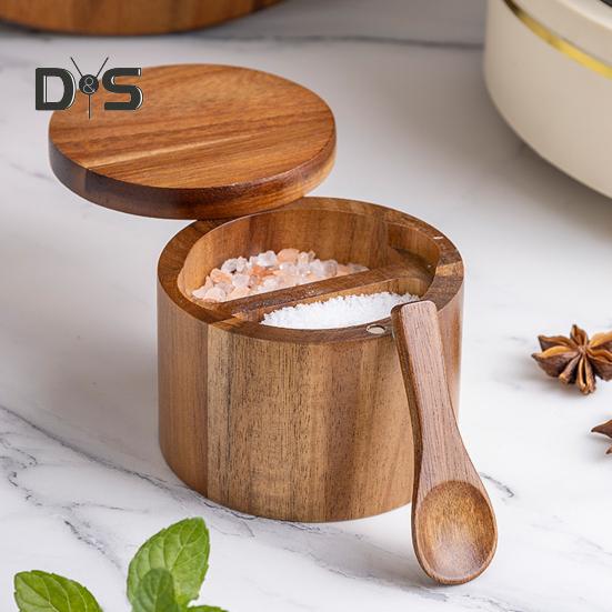 2-Layer Salt And Pepper Bowl with Spoon Magnetic Swivel Lid Dustproof Seasoning Box Rotatable Design Kitchen Helper for Serving