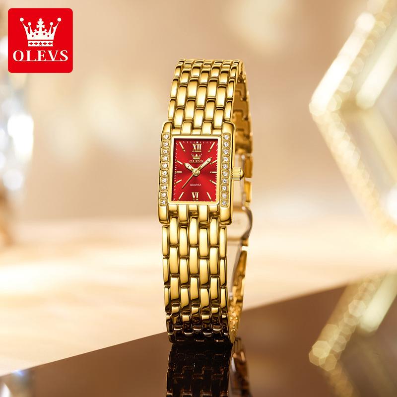 Olevs Women's Gold Square Quartz Watch - Chinese Style