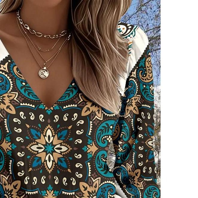 Lady Bohemian Retro Western Style Shirt with V-neck and Long Sleeves, Suitable for Casual Outfits and Vacations, Relaxed and Loose Shirt