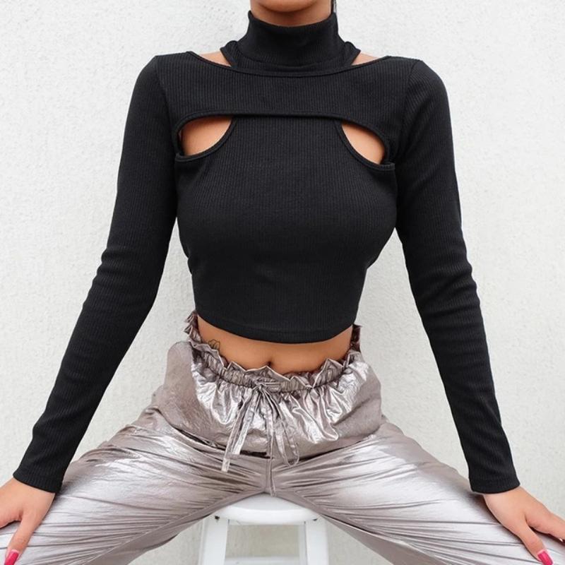 Y2K Hollow Off Shoulder Bottom Γυναικείο κοντό μπλουζάκι με ανοιχτό αφαλό Slim Fit Fake Two Piece Top