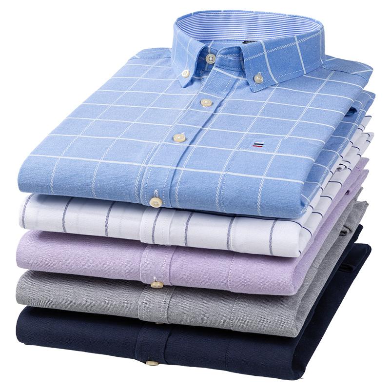 New 100% Cotton Oxford Men Shirts Long Sleeves Plaid Soft Regular Fit Formal Dress Shirt Pocket Social Blouse Male Clothes S-7XL