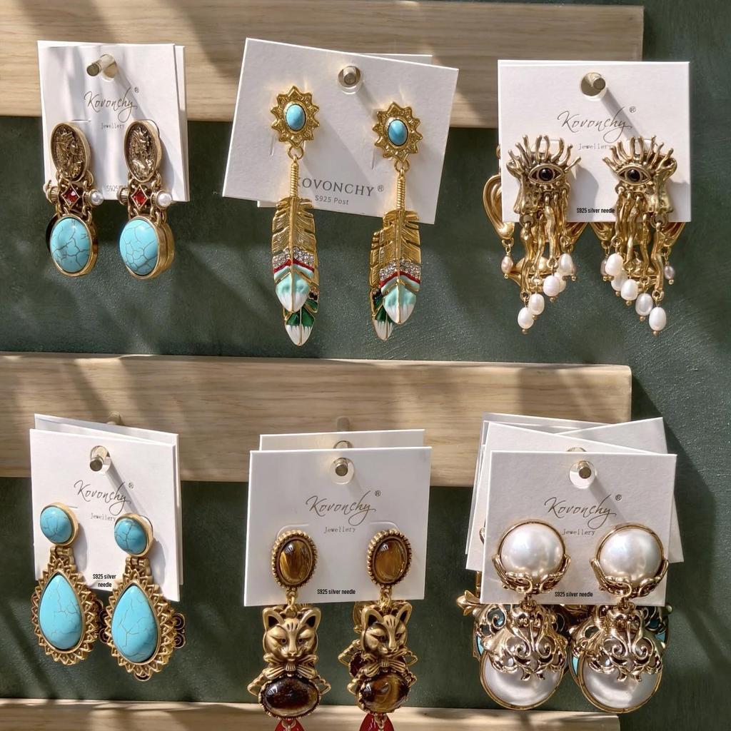 Silver Needle Diamond Teardrop Pendant Stud Earrings - Vintage Luxury Design