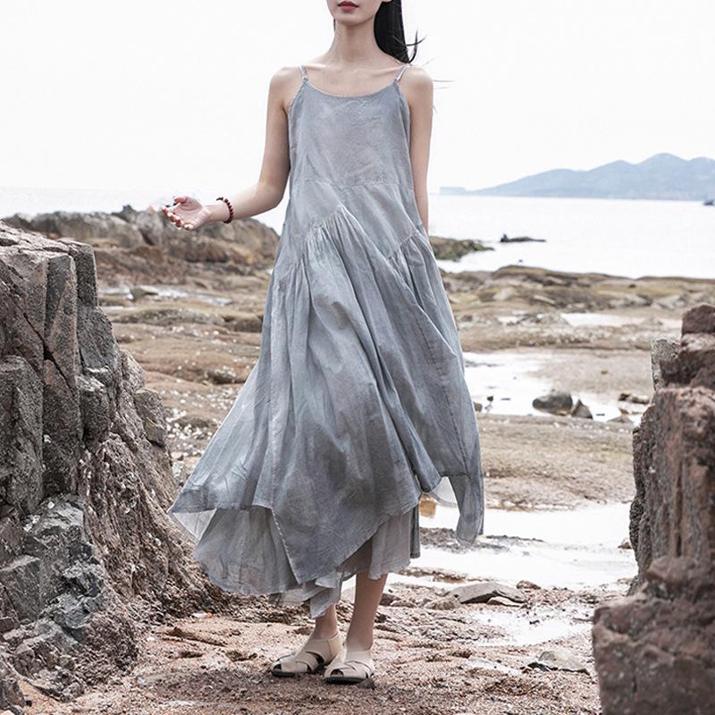2026 Spring/Summer Irregular Double-Layer Spray-Dyed Maxi Dress - Women's Flowing Fairy-Like Camisole