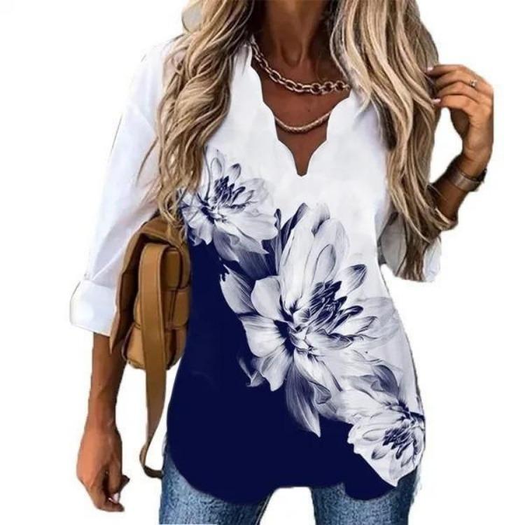 European American Women Printed Long Sleeve Shirt with Wave Collar Summer