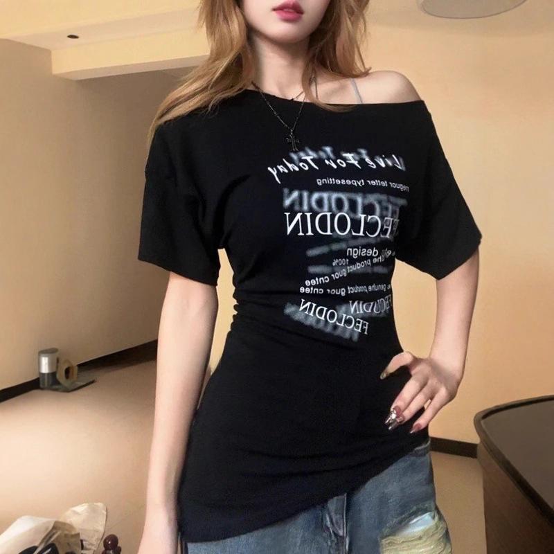 Women's Diagonal Off Shoulder Letter Print Short Sleeve T-Shirt Slim Waist Ruched Irregular Hem Y2K American Pure Desire Summer Club Top