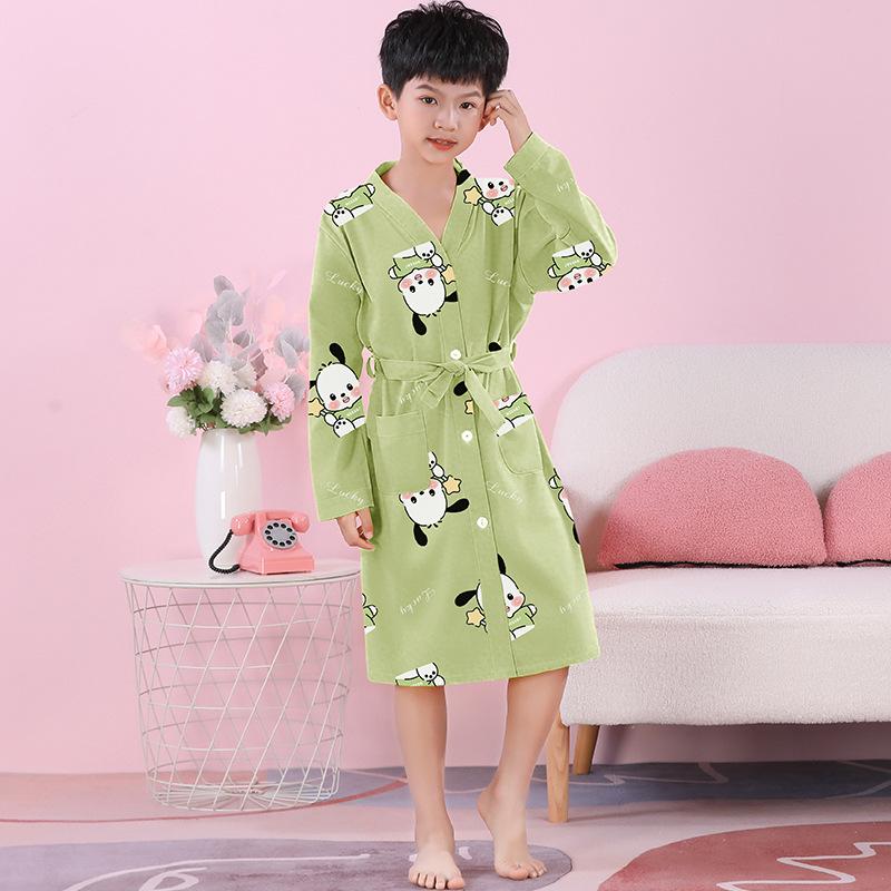 Girls' Combed Cotton Long-Sleeve Pajama Robe - Spring/Summer Bathrobe for Kids, Cute Sleepwear for Middle and Big Girls