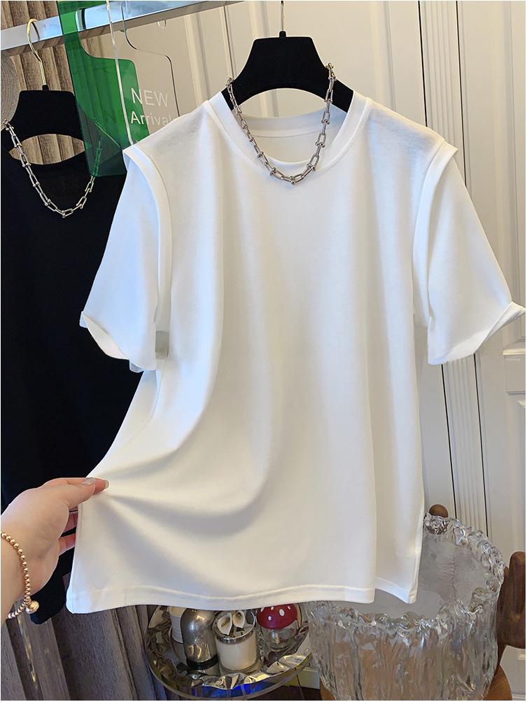 European Style Women's Cotton Faux Two-Piece Short Sleeve Top - Summer Loose Fit, Plus Size, Solid Color, Chic Design (2025)