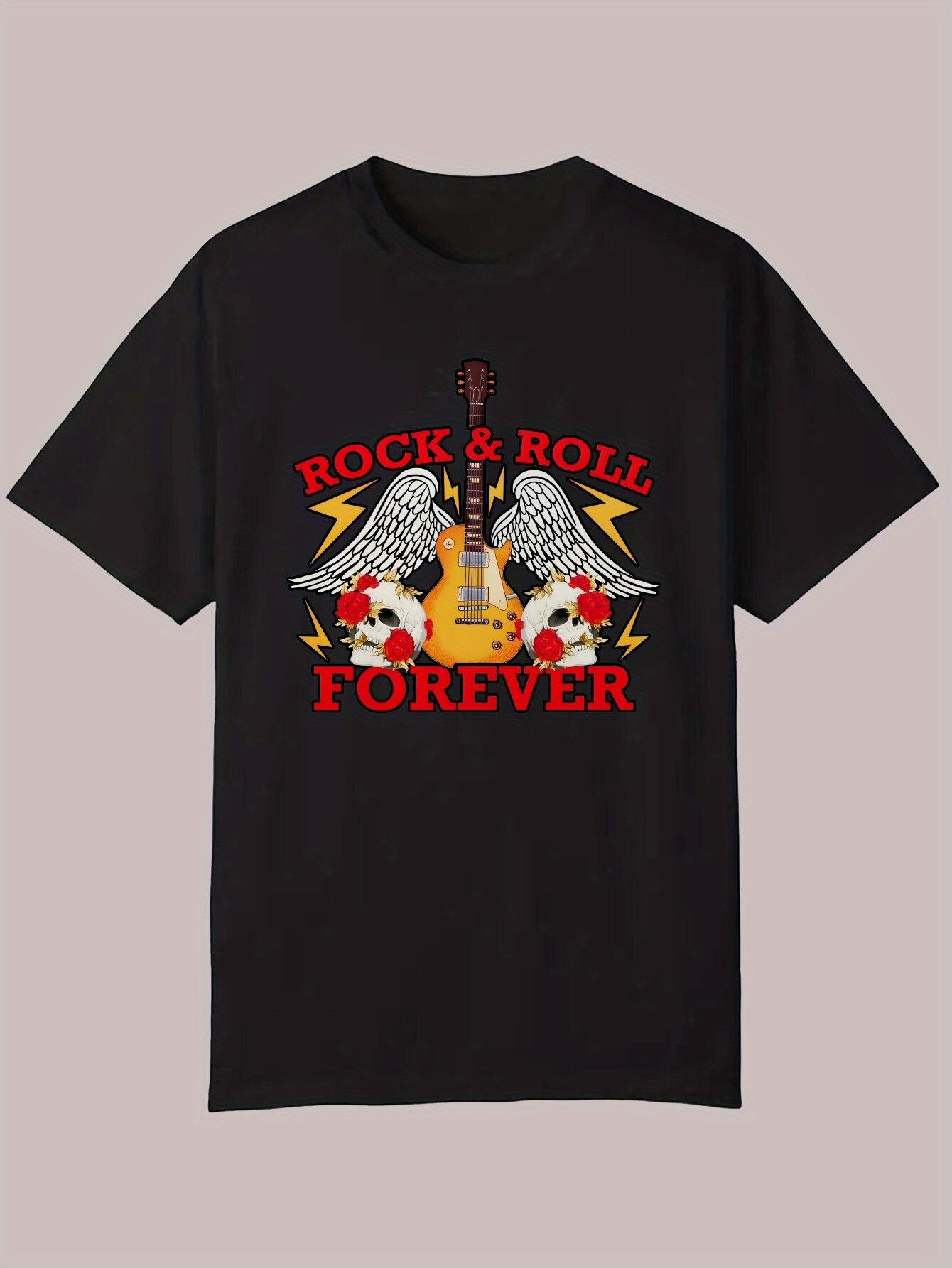 Rock & Roll Forever Graphic T-shirt - Black Casual Summer Tee with Guitar & Wings Design S