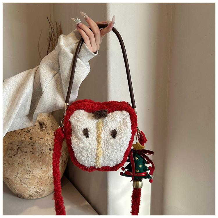 Christmas Sheep Plush Apple Tote Bag For Girls With Zipper Closure And Card Pocket