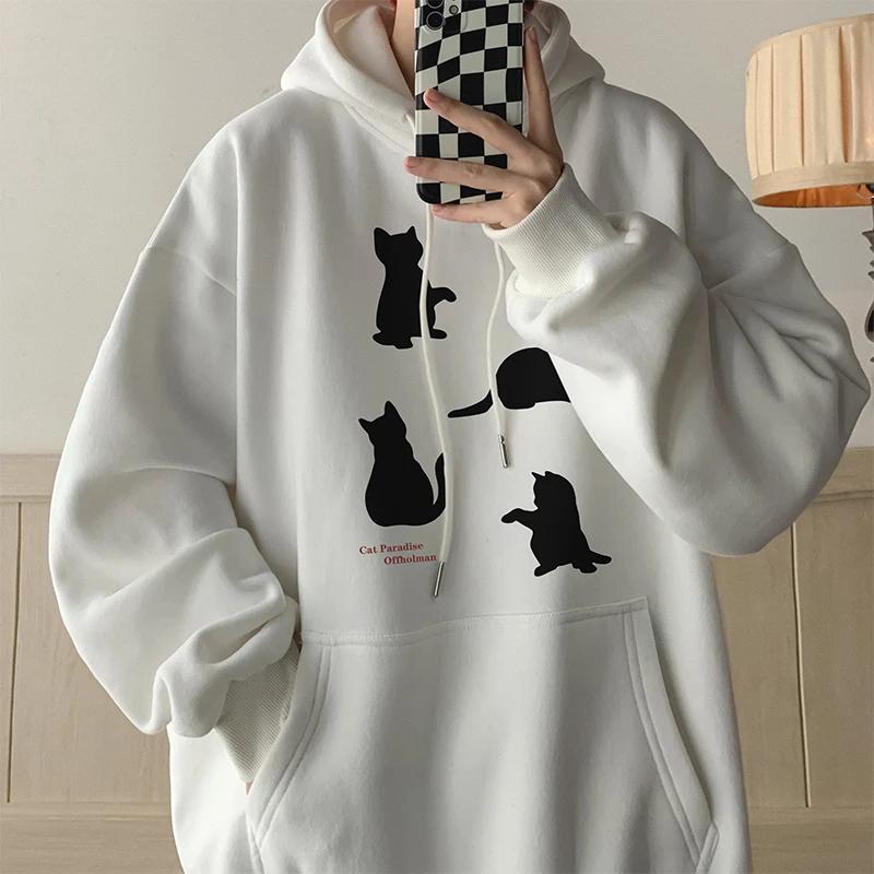 Hooded Sweatshirt Men's Autumn Winter Velvet Thickened Kitten Print Jumpers Trendy American Pullovers