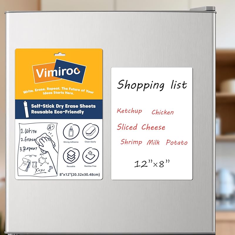 3 Pack Dry Erase Board Stickers Magnetic Free, 12"x8" Restickable Dry Erase Sheets No Residue for Wall/Refrigerator/Door/Cabinet, Adhesive