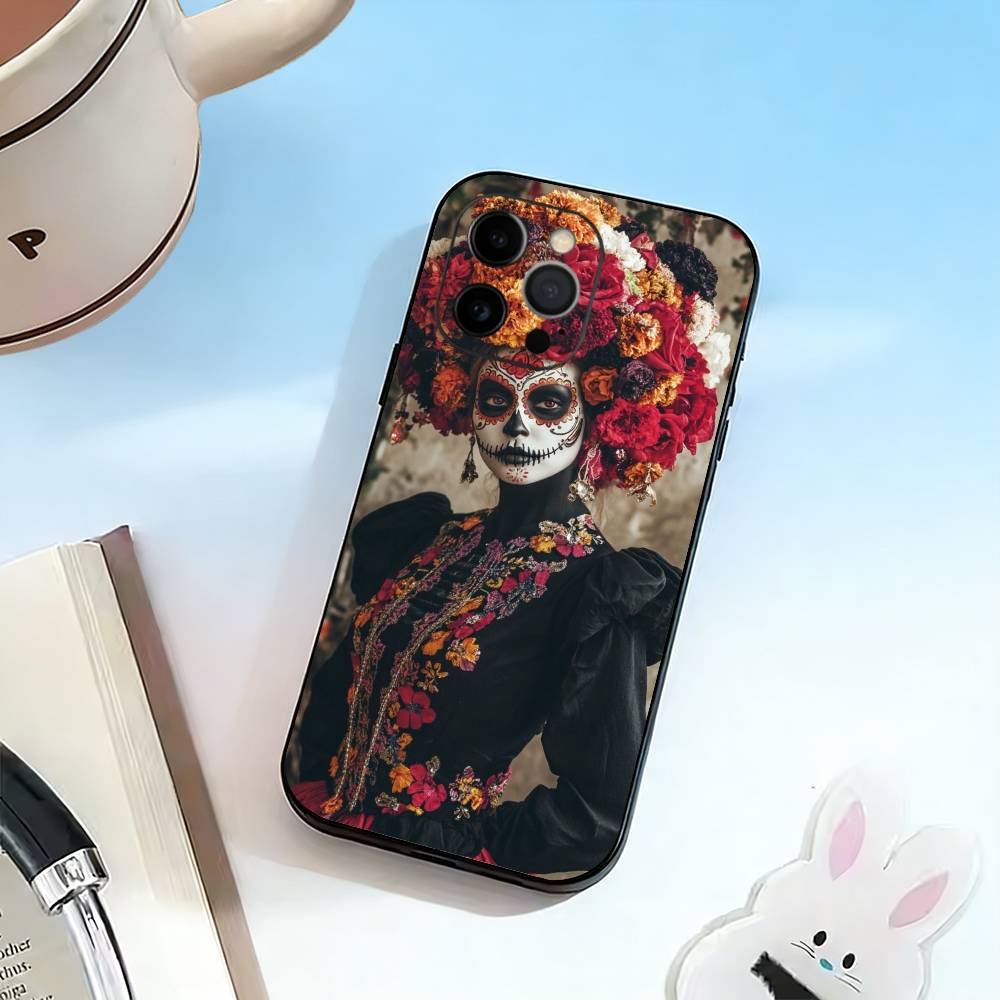 Day of the Dead Skull Phone Case For iPhone 17,16,15,14,13,12,11 Plus,Pro Max,XS,Soft Silicone Black Cover