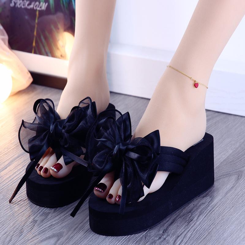 

Fashion Women s 8CM Slope Heel Slippers Thick Bottom Increased Bow Casual Non slip Slippers Summer High Heels Pinch Foot Beach Slippers 40