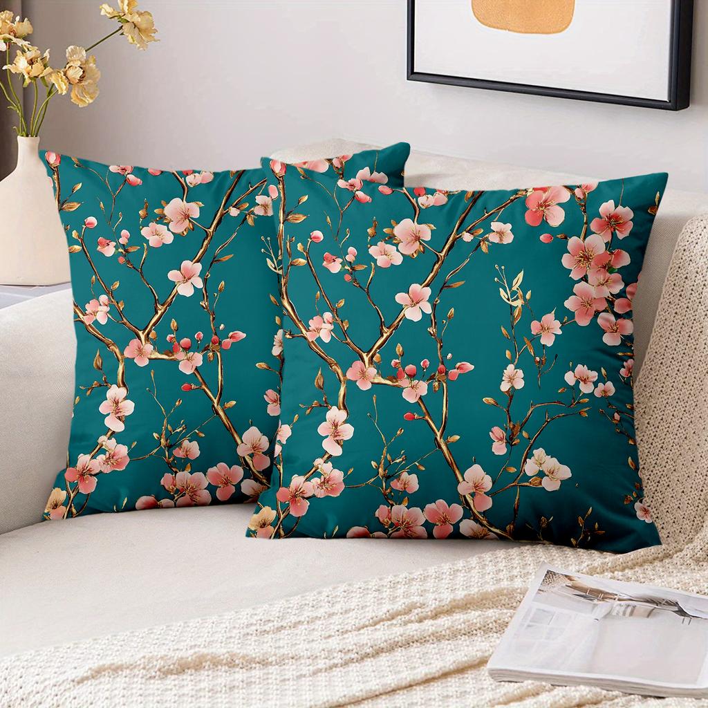 1 Pieces Teal Cushion Covers With Pink Flower Branch Pattern Polyester pillowcase, sofa decorative cushion cov Headboard Pillow