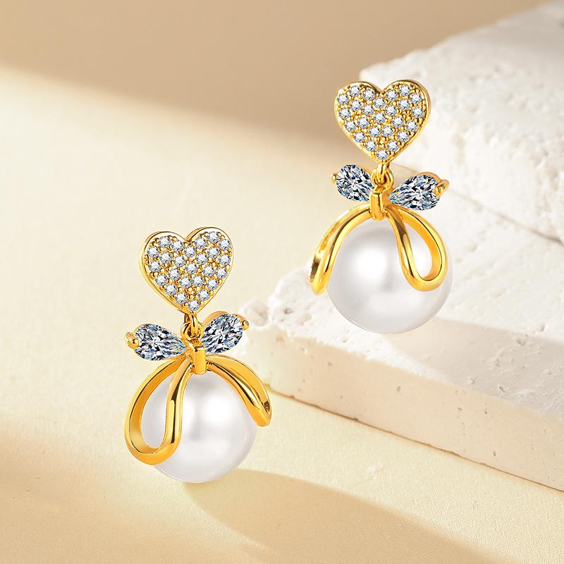 S925 Silver Needle Korean Fashion Versatile Micro-inlaid Zircon Peach Heart Bow Pearl Stud Earrings Femininity Elegant Earrings 2026