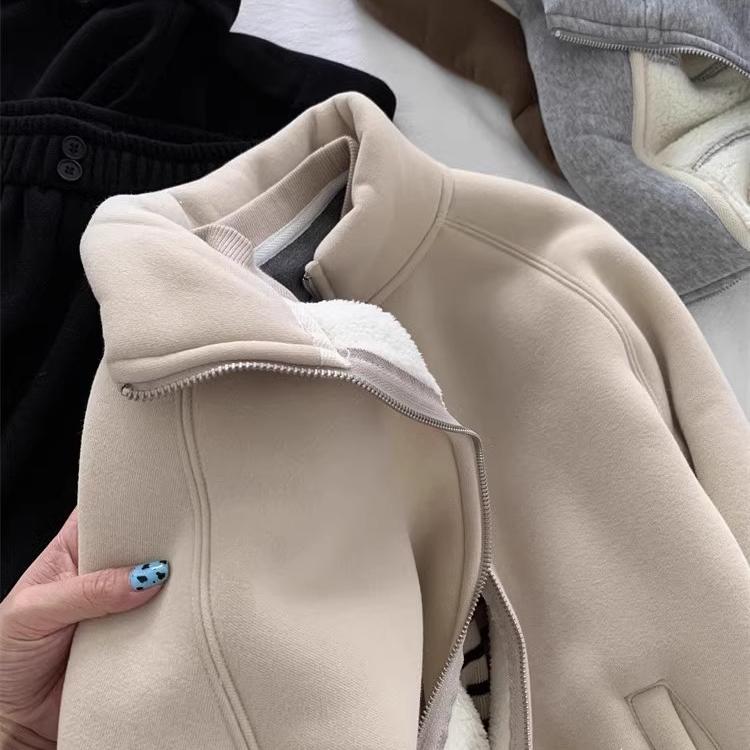 Thickened Velvet Sweatshirt Jacket Zipper Collar Warm Casual Autumn Winter Commute Women's