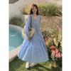 2026 Spring Blue Romantic Chic French Plaid Long Sleeve Maternity Dress