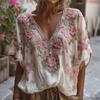 Women Tops 3D Printed Imitation Jacquard V-Neck Short Sleeve Loose Fit Soft Breathable Summer Shirt Daily Wear