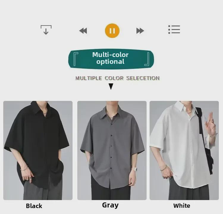 Men's Black Ice Silk Loose-Fit Short-Sleeve Shirt, Korean Style, Casual Summer Wear