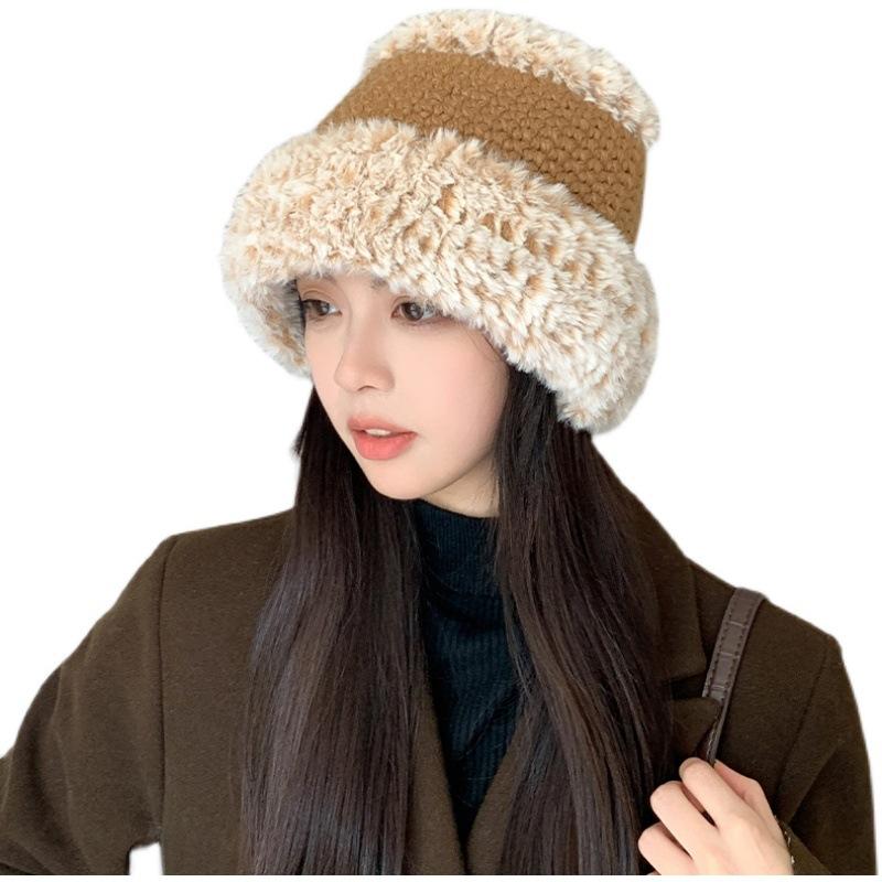 Knitted plush bucket hat women's autumn and winter big head circumference ins bucket basin hat, showing the tide of small plush hats