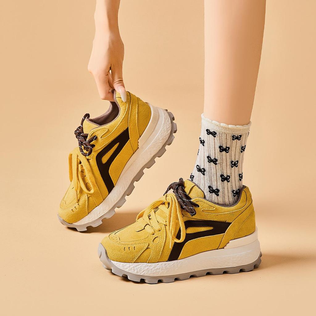 Genuine Leather 8CM Invisible Height Increasing Women's Retro Color Block Thick Sole Sports Shoes - Autumn 2025 Collection