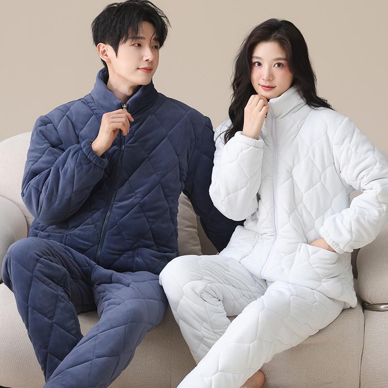 Couple Pajamas Winter Padded Zipper Stand-Up Collar Warm Three-Layer Thickened Velvet Autumn And Winter Models Can Be Worn Outside Loungewear