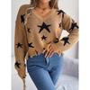 Women's V-Neck Star-Print Sweater Ragged Hem Style Long Sleeves Knitted Pullover