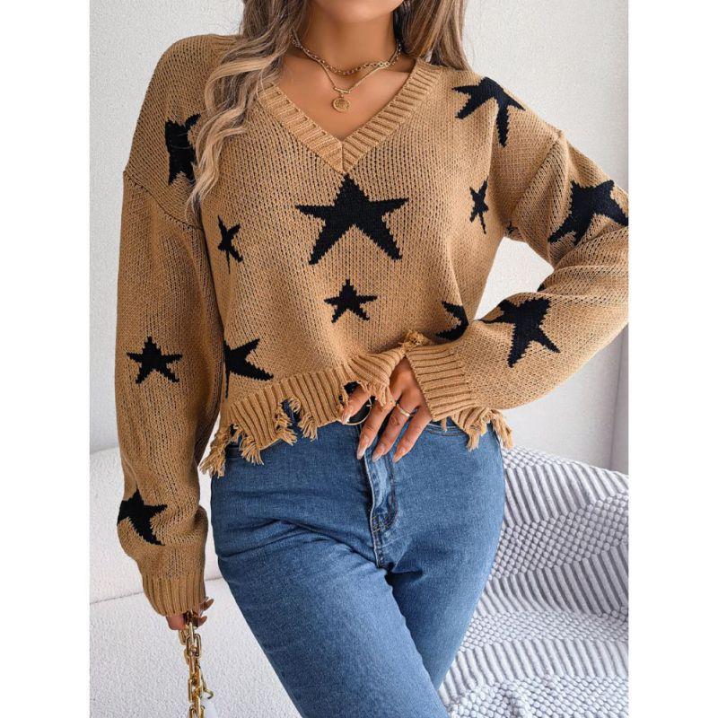 Women's V-Neck Star-Print Sweater Ragged Hem Style Long Sleeves Knitted Pullover
