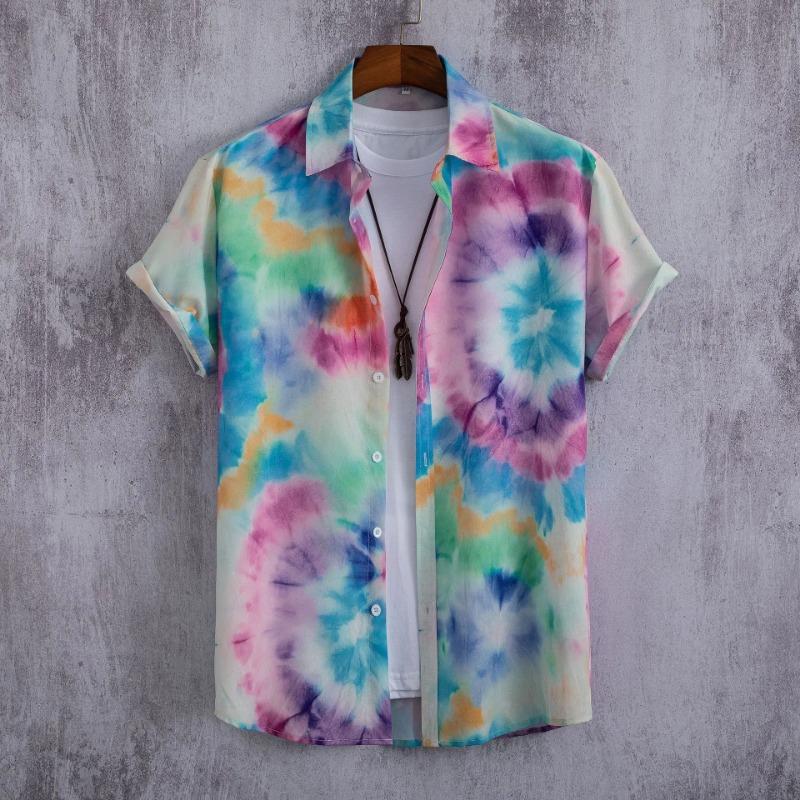 Hawaiian Shirt Men Fashion Flower Geometric Printed Blouse Single-breasted Beach Short SleeveTops Men's Holiday Clothing