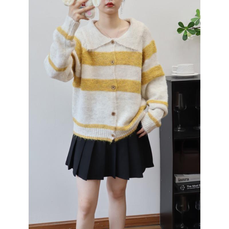 Contrasting striped lapel knitted cardigan autumn and winter new short loose lazy soft waxy sweater jacket women