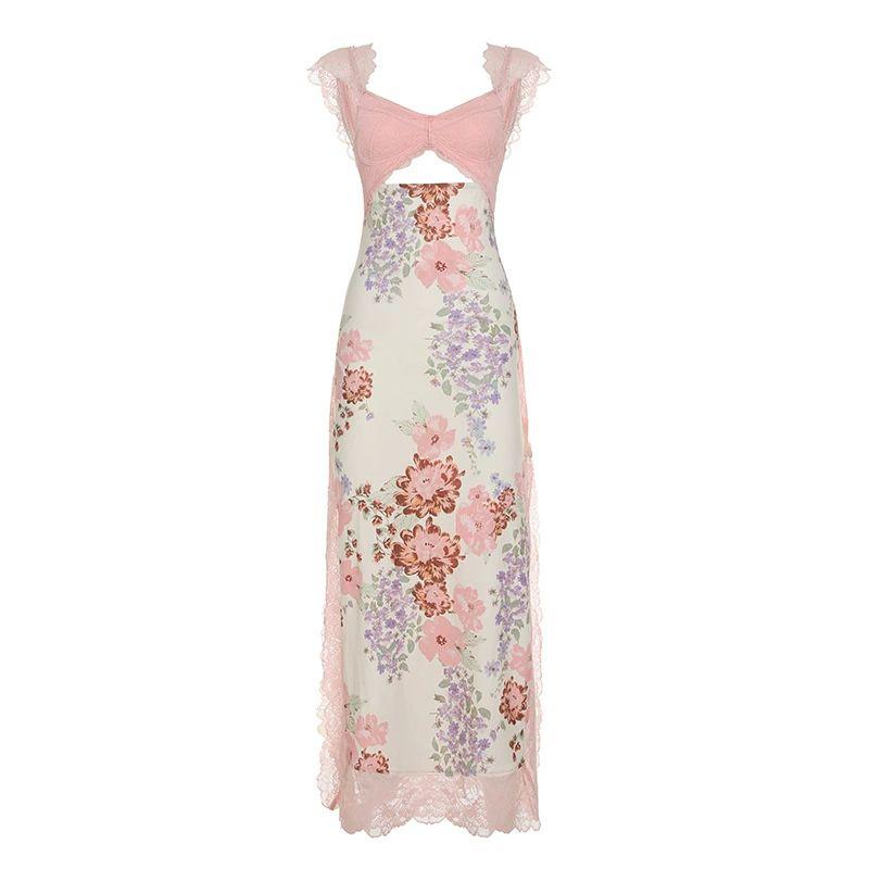 

Cnyishe Elegant Gentle Pink Lace Florals Print Dress Chest Hollow Backless Dress Pink L