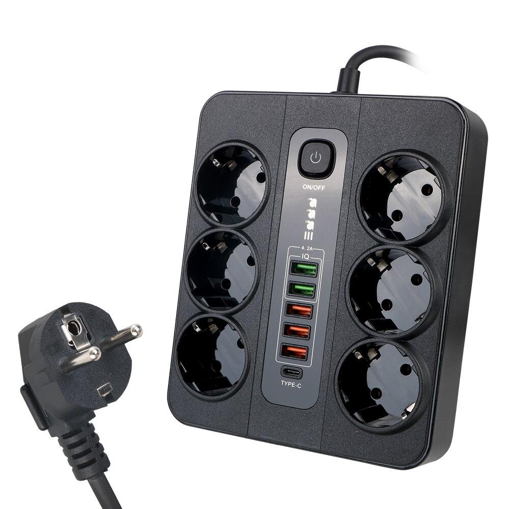 

Extension Socket With Safety Switch Power Strip For Office Home EU Plug 3000W 2M Cable Overload Protection USB Type C Ports Black