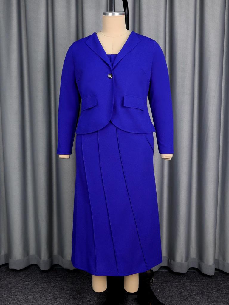 Women's Plus Size Camisole Dress & Jacket Set - Slimming Square Neck, Cinched Waist, Elegant Long Dress for Commuting or Dates